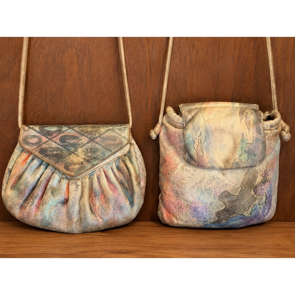 Jane‎ Yoo Vintage Hand Painted Leather Bag Bundle 2pc Abstract Wearable Art 90s